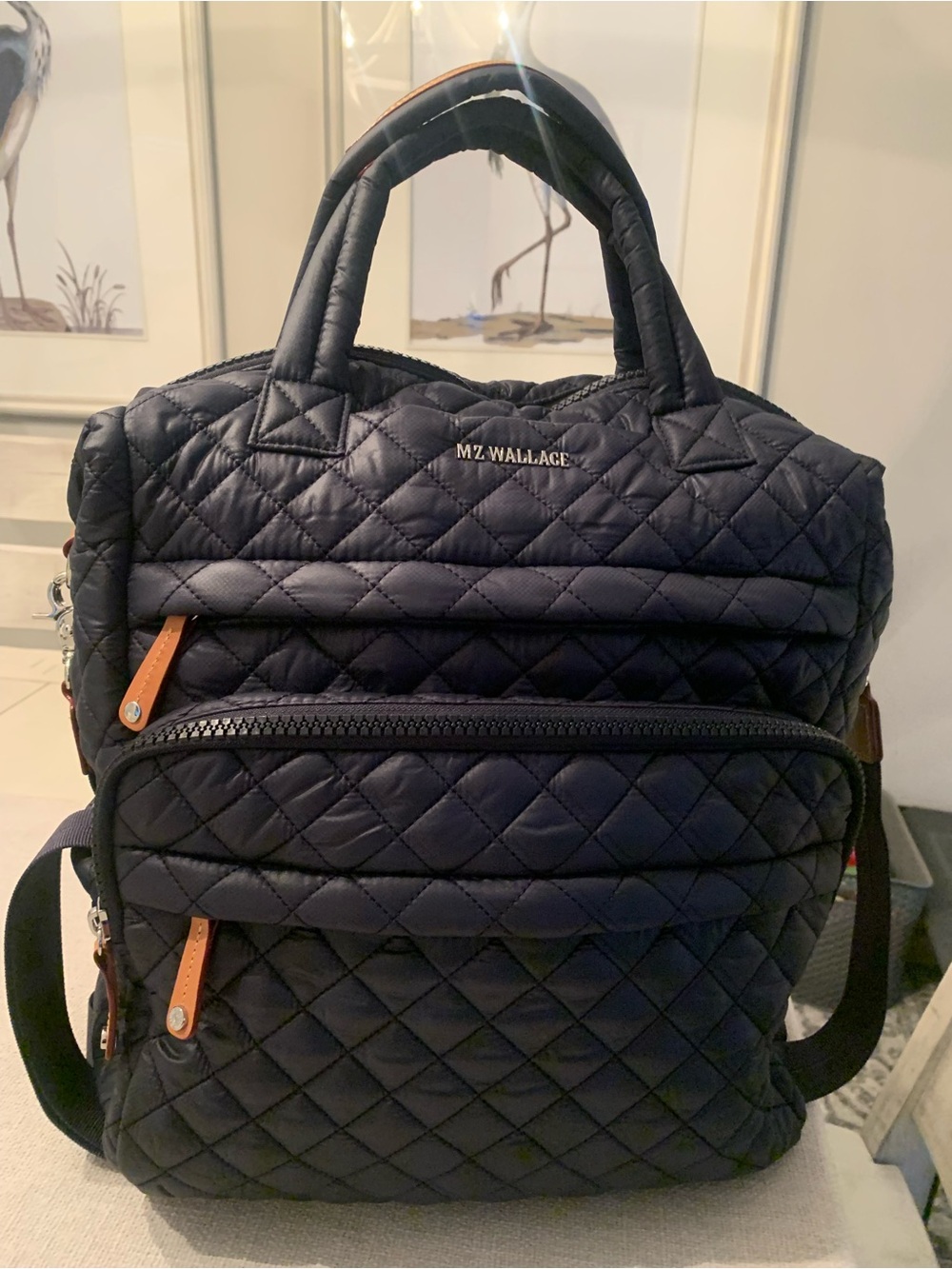 MZ Wallace Quilted Navy Backpack Tote with Leather Accents